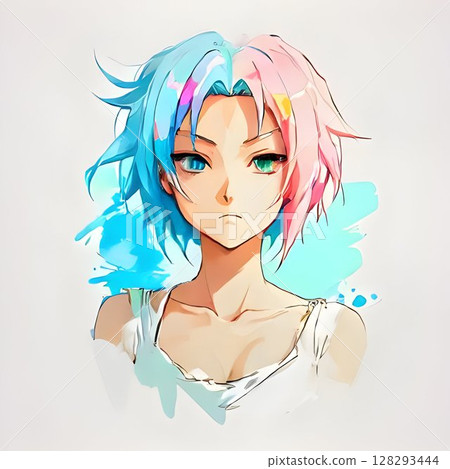 Digital artwork featuring young woman with vivid multicolored hair, embodying contemporary style and bold personal expression through graphic design 128293444