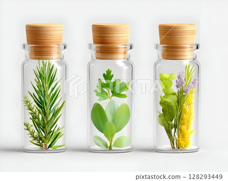 Spices in glass jars with lids for stylish kitchen design, home cooking food, salt seasoning aromatic herbs for baking and dishes 128293449