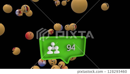 Floating emojis surrounding green notification bubble with 94 followers count 128293460