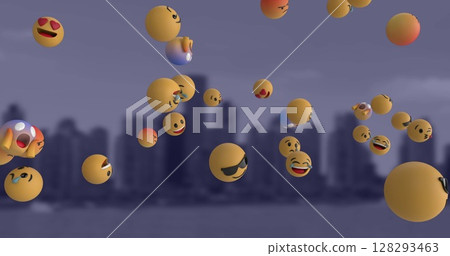 Floating emojis expressing various emotions against city skyline in background 128293463