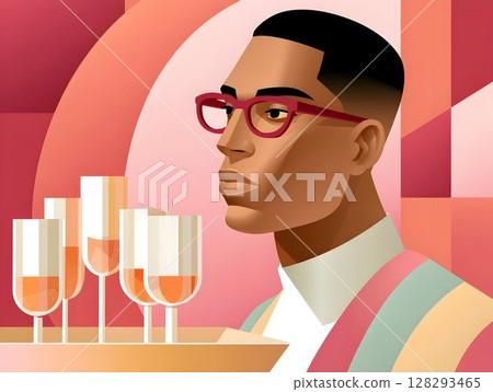 Beautiful confident waiter barista butler man holding tray with glasses in hand, stylish clothes and apron, working in trendy loft style cafe. Restaurant worker concept. Beautiful confident waiter barista butler man holding tray with glasses in hand, stylish clothes and apron, working in trendy loft style cafe. Restaurant worker concept. 128293465