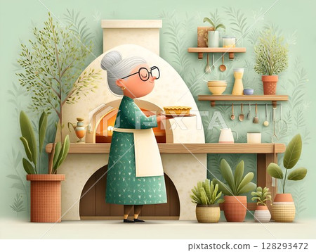 Grandmother making pie in kitchen in oven, old woman baking at home, elderly mother in apron prepares pizza or cake, home cooking, parental care Grandmother making pie in kitchen in oven, old woman baking at home, elderly mother in apron prepares pizza or cake, home cooking, parental care 128293472