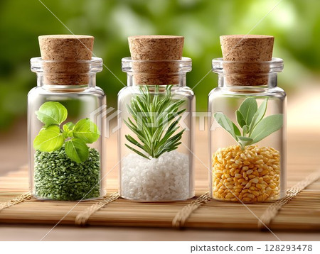 Spices in glass jars with lids for stylish kitchen design, home cooking food, salt seasoning aromatic herbs for baking and dishes 128293478
