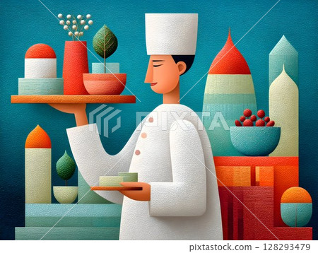 Beautiful confident waiter barista butler man holding tray with glasses in hand, stylish clothes and apron, working in trendy loft style cafe. Restaurant worker concept. 128293479