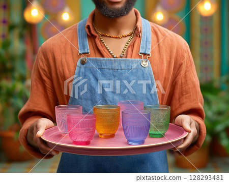 waiter barista butler black man holding tray with glasses in hand, stylish clothes and apron, working in trendy loft style cafe. Restaurant worker concept. 128293481