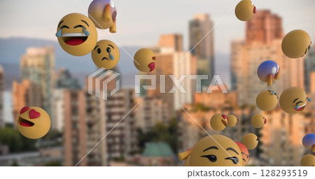 Floating emojis expressing various emotions over city skyline at sunset 128293519
