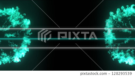 Glowing turquoise rings and horizontal lines in abstract digital art on black background Glowing turquoise rings and horizontal lines in abstract digital art on black background 128293539