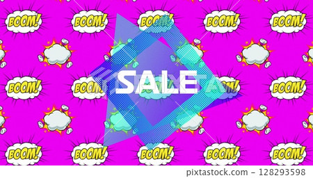 Yellow sale on blue square and triangle over boom! in retro comic bubbles on pink background Yellow sale on blue square and triangle over boom! in retro comic bubbles on pink background 128293598