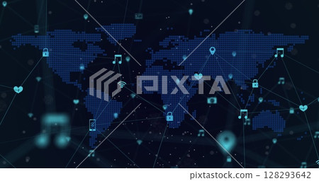 Digital world map with icons connecting global communication and technology concepts Digital world map with icons connecting global communication and technology concepts 128293642