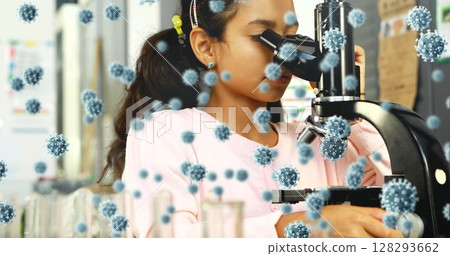 In school, young girl using microscope surrounded by digital virus illustrations In school, young girl using microscope surrounded by digital virus illustrations 128293662