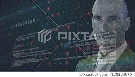 Businessman in suit surrounded by digital code, symbolizing cybercrime threat Businessman in suit surrounded by digital code, symbolizing cybercrime threat 128293670