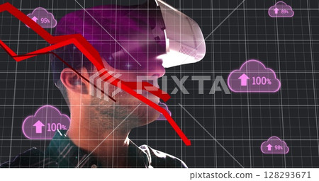 Man wearing VR headset analyzing data with futuristic cloud technology graphics 128293671