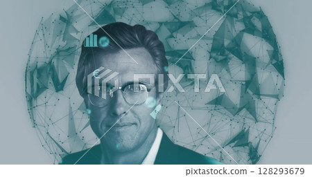 Analyzing financial data and trends, businessman with digital interface overlay in office Analyzing financial data and trends, businessman with digital interface overlay in office 128293679