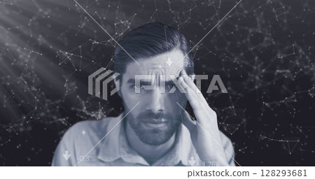 Businessman concentrating with hand on forehead, analyzing digital data network 128293681
