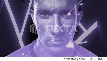 Man surrounded by digital icons, focusing intently on virtual reality experience Man surrounded by digital icons, focusing intently on virtual reality experience 128293689