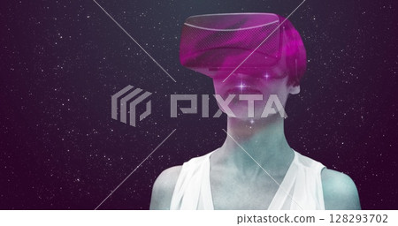 Woman with VR headset exploring virtual space, surrounded by stars Woman with VR headset exploring virtual space, surrounded by stars 128293702