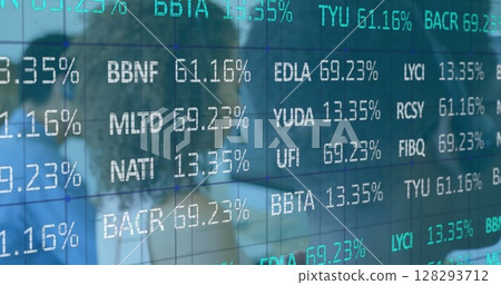 Stock market data reflecting on glass wall in modern office environment Stock market data reflecting on glass wall in modern office environment 128293712