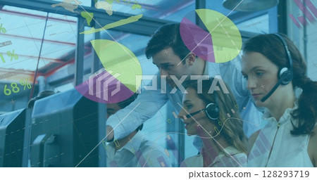 Collaborating in office, team using computers and headsets with digital interface Collaborating in office, team using computers and headsets with digital interface 128293719