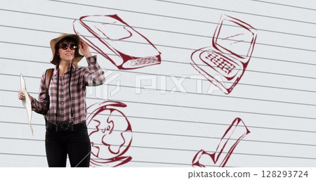 Woman in hat exploring with map, surrounded by educational doodles on wall 128293724