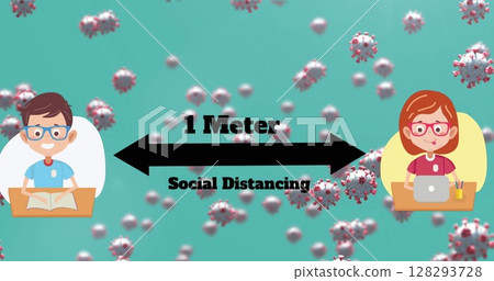 Cartoon characters practicing social distancing, studying and working with laptops 128293728
