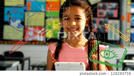 In school, girl holding tablet with colorful educational graphics in classroom In school, girl holding tablet with colorful educational graphics in classroom 128293738