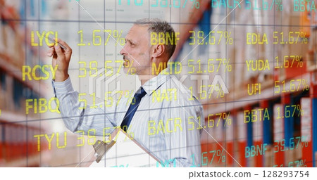 Image of stock exchange numbers over man counting stock in warehouse holding clipboard Image of stock exchange numbers over man counting stock in warehouse holding clipboard 128293754