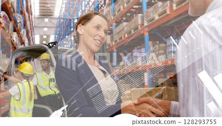 Image of financial data processing over woman holding digital tablet shaking hands with businessman 128293755