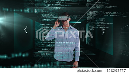 Image of man wearing virtual reality headset over screens with scientific data processing Image of man wearing virtual reality headset over screens with scientific data processing 128293757
