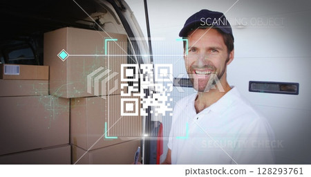 Image of digital interface with qr code being scanned over male delivery driver 128293761