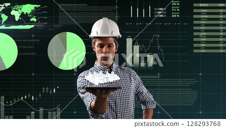 Engineer holding a tablet and viewing a 3d rotating model of a city with digital interface Engineer holding a tablet and viewing a 3d rotating model of a city with digital interface 128293768