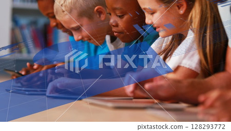Image of digital interface over a row of primary school kids using touchscreens on tablet computers 128293772