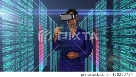 Image of man in overalls and virtual reality headset swiping virtual touchscreen in server room 128293784