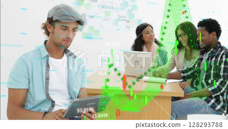 Image of data processing statistics over man using a digital tablet in a casual office 128293788