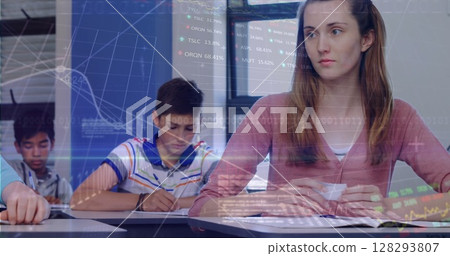 Image of digital interface and data moving over schoolgirl in classroom writing a note and passing i Image of digital interface and data moving over schoolgirl in classroom writing a note and passing i 128293807