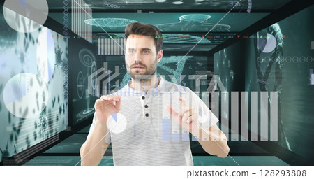 Interacting with virtual data, man using futuristic digital interface in office Interacting with virtual data, man using futuristic digital interface in office 128293808