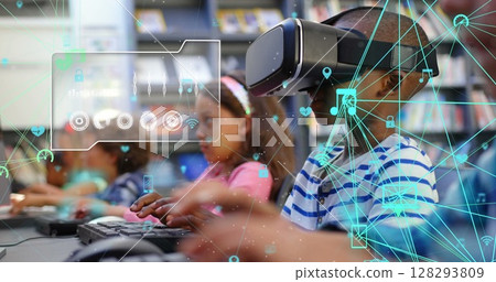 Image of digital interface and a network of connected icons over schoolboy using VR headset in a pri 128293809