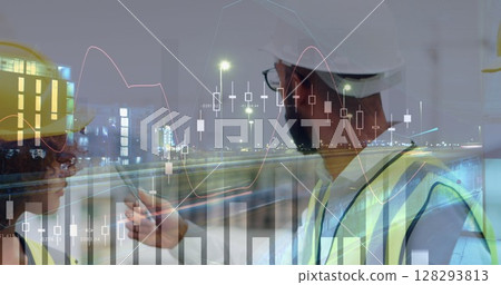 Construction workers discussing project plans with financial data overlay at night Construction workers discussing project plans with financial data overlay at night 128293813