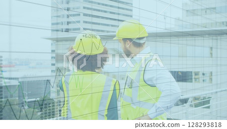 Construction professionals analyzing financial growth data on urban building site 128293818
