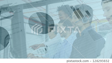 Customer service team using headsets and digital interfaces in modern office 128293832