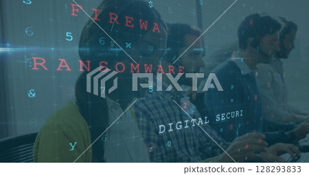 Team working in office, focusing on digital security and firewall protection Team working in office, focusing on digital security and firewall protection 128293833
