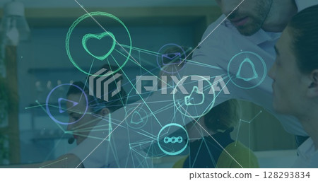 Collaborating in office, business professionals using digital interface icons on workspace Collaborating in office, business professionals using digital interface icons on workspace 128293834