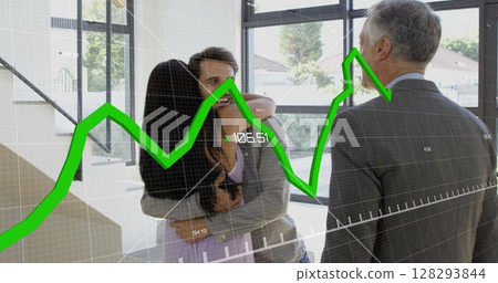 Celebrating financial success, couple with advisor and green graph showing growth Celebrating financial success, couple with advisor and green graph showing growth 128293844
