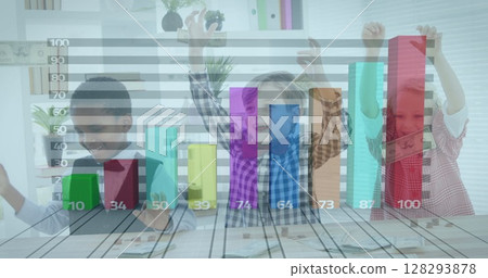 Children celebrating success with colorful bar graph overlay in modern classroom 128293878