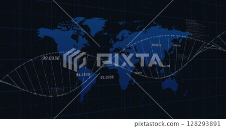 World map with DNA helix overlay, illustrating global genetic research World map with DNA helix overlay, illustrating global genetic research 128293891