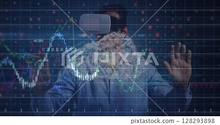 Person using VR headset interacting with digital financial graphs and data 128293898