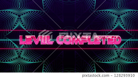 Retro digital interface displaying Level Completed with neon geometric patterns 128293910