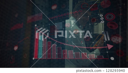 Business professional analyzing digital graphs and charts on futuristic interface 128293940
