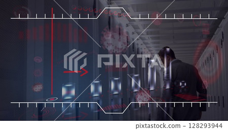 In data center, businessman focusing on analyzing digital interface with technology In data center, businessman focusing on analyzing digital interface with technology 128293944