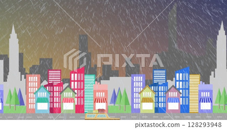 Image of rain falling over cityscape with colourful buildings and boat on river in the background 128293948