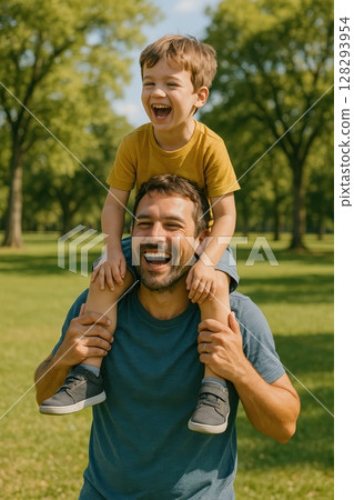 Smiling dad carries cheerful child on shoulders through park, enjoying weekend family outing with bright sunlight and laughter Smiling dad carries cheerful child on shoulders through park, enjoying weekend family outing with bright sunlight and laughter 128293954